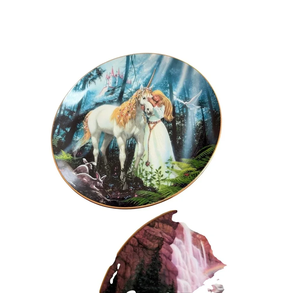Vintage Ruth Sanderson Unicorn Collector Plate Set of 3 Fantasy Decor Gold Rim